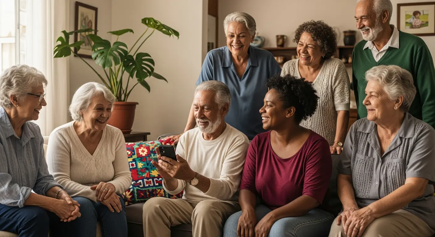 Familiares reunidos e sorrindo enquanto compartilham um momento juntos