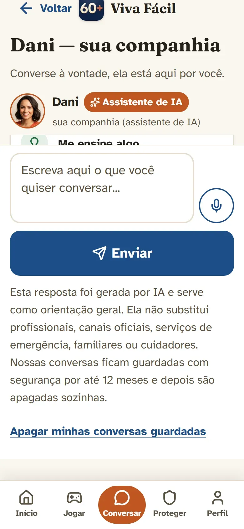 Captura de tela do Viva Fácil mostrando uma conversa com a Dani, identificada como assistente de inteligência artificial