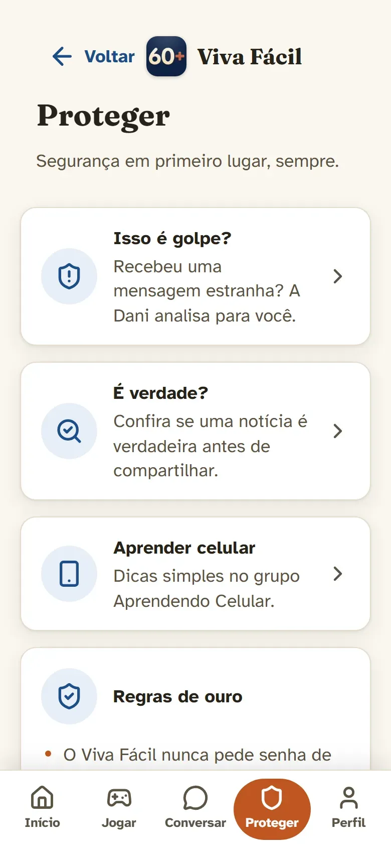 Captura de tela do Viva Fácil mostrando a tela Proteger, com as ferramentas Isso é golpe? e É verdade?