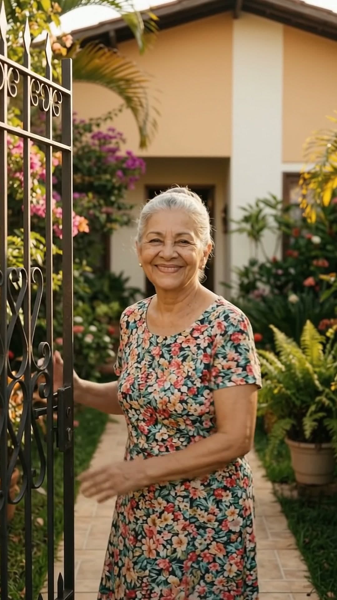 Avó sorrindo no portão de casa